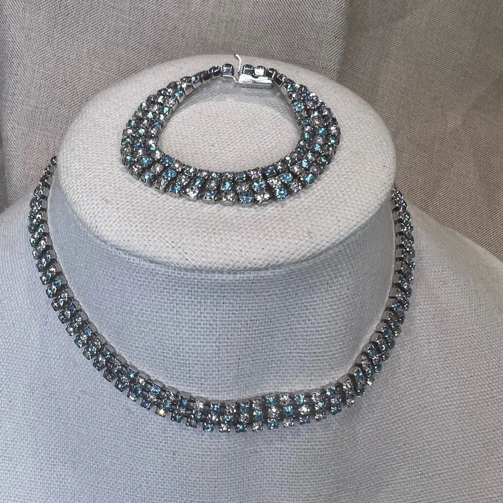 EUC Pair of adjustable, Choker Rhinestone necklace and bracelet sky blue - Picture 1 of 5